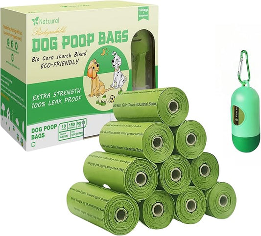 Dog Poop Bags-150 Counts with Holder (10 Rolls), Biodegradable Poop Bags, Eco-friendly and Easy to Open, Thick Dog Waste Bags (Green)-PurrikoPets