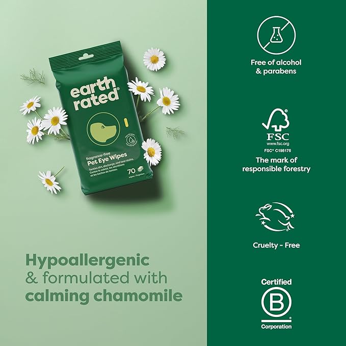 Earth Rated Vet-Developed Pet Eye Wipes, Hypoallergenic Cleaner for Dogs & Cats Eyes to Remove Dirt & Discharge, Fragrance Free, 70 Count-PurrikoPets