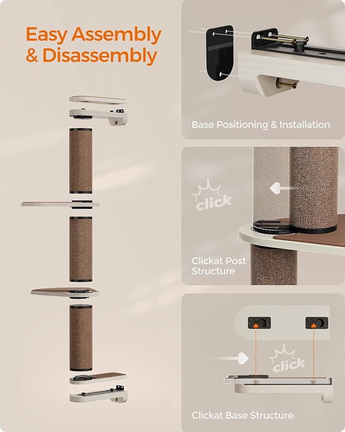 Feandrea Clickat Collection - No.006 Cat Tree Scratching Post, 39.7-Inch Tall Thicker Wall Mounted Cat Scratcher Posts, 2 Cats Perch Platform, Easy Assembly, Suit for Multi Cats Climb Play Nap Scratch-PurrikoPets