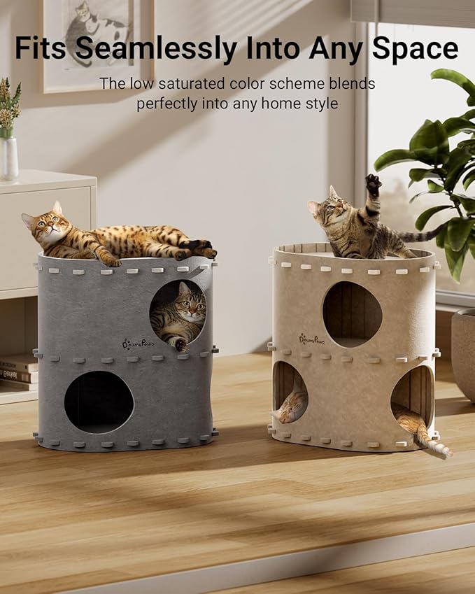 DownyPaws Cat House for Indoor Cats, 2-Storey Foldable Cat Bed Cave, Felt Cats Tunnel Bed Condo, Castle Kitten Cube Hideaway for Multicats, Scratch Resistant, Cream-PurrikoPets
