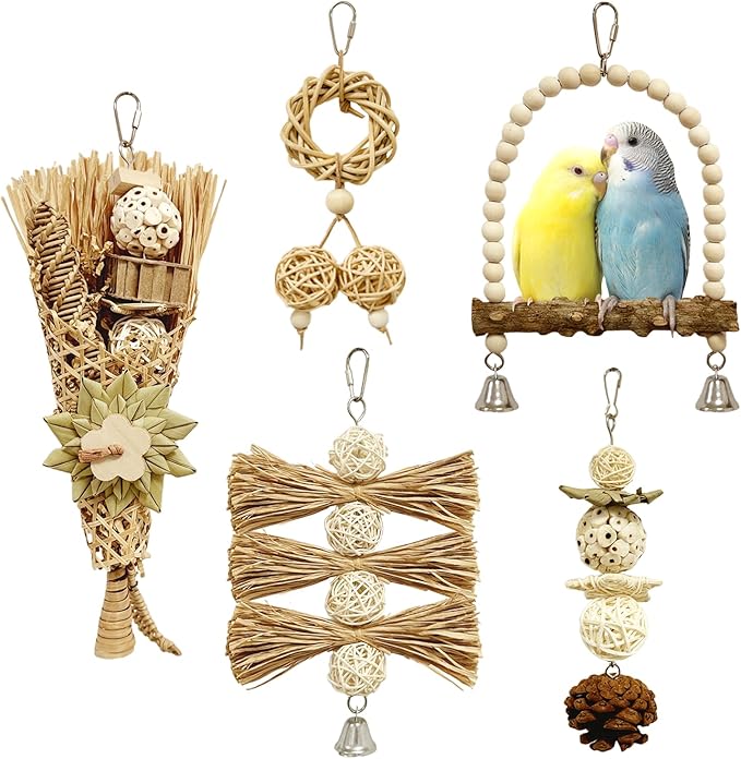 5-Pack Natural Flower Bird Toys – Foraging & Chewing Toys for Parakeets, Cockatiels, Conures & Small Birds – No Plastic, All-Natural Materials-PurrikoPets