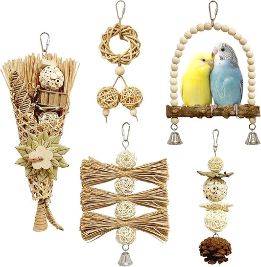 5-Pack Natural Flower Bird Toys – Foraging & Chewing Toys for Parakeets, Cockatiels, Conures & Small Birds – No Plastic, All-Natural Materials-PurrikoPets