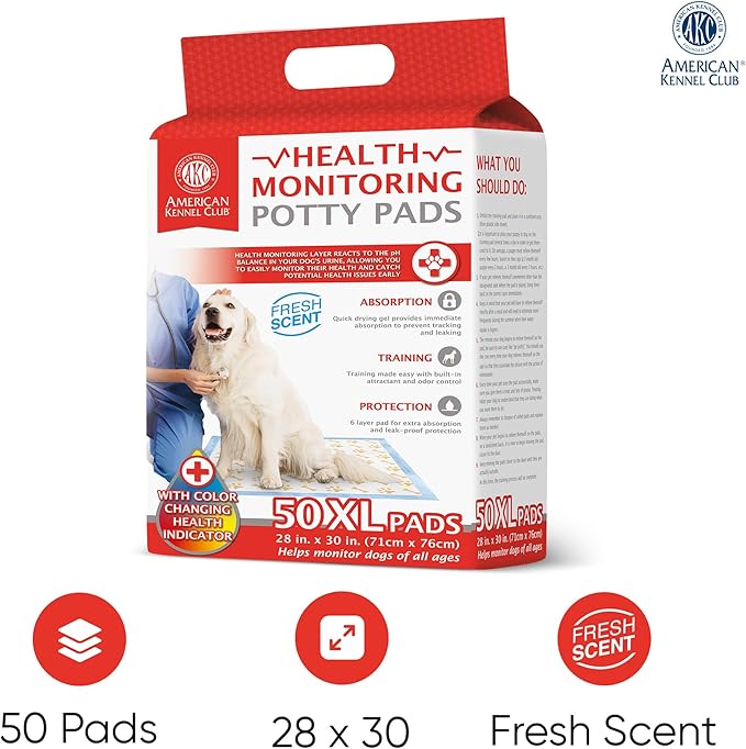 AKC Advanced Puppy Pads with Color-Changing Health+ Indicator and Ultra Absorbent Quick Dry Gel – 28"x30" Leakproof Training Pads for Dogs – Fresh Scented – 50 Count, X-Large-PurrikoPets