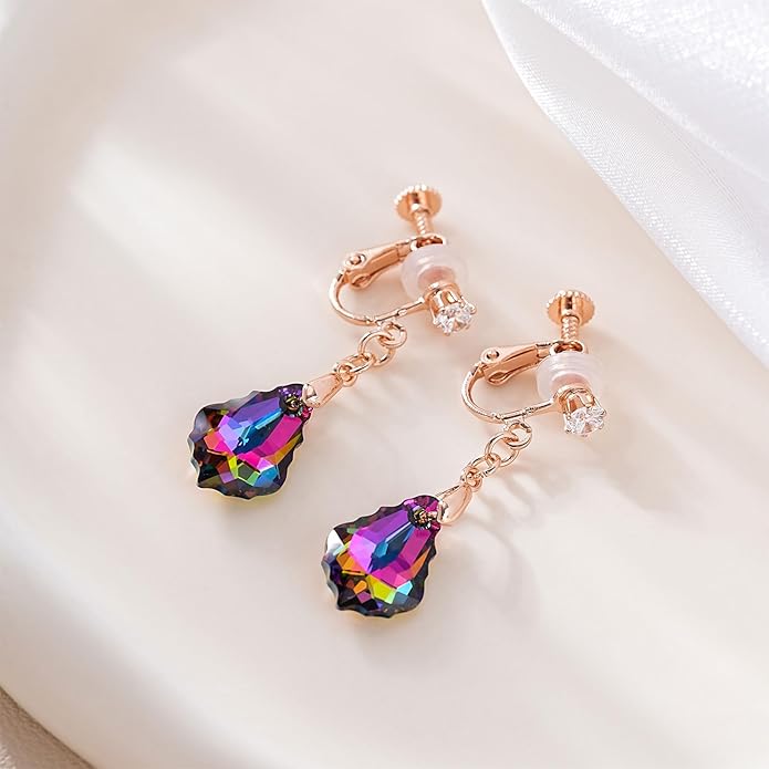 Austrian Crystal Baroque Drop Clip On Dangle Earrings for Women Non Pierced 14K Rose Gold Plated Hypoallergenic Jewelry