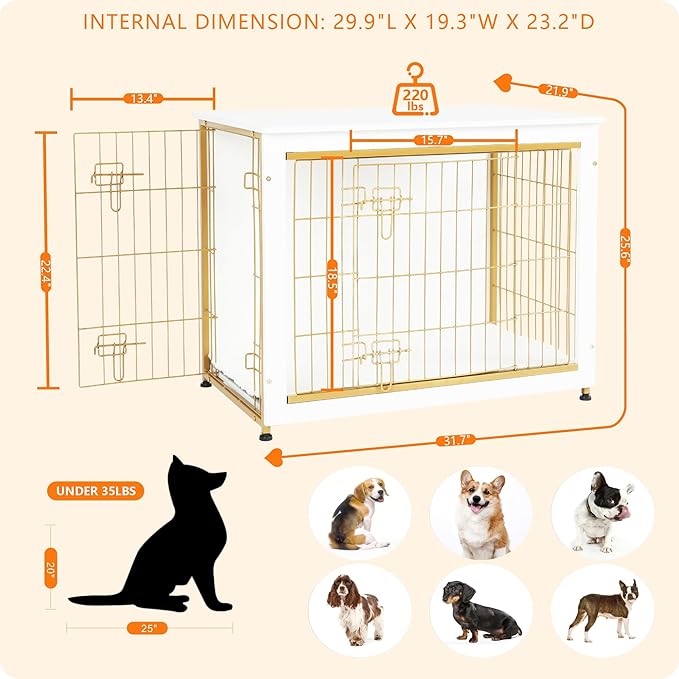 DWANTON Dog Crate Furniture with Cushion, Wooden Kennel Table with Double Doors, Indoor Dog House, Medium Size, 32.5" L, White-PurrikoPets