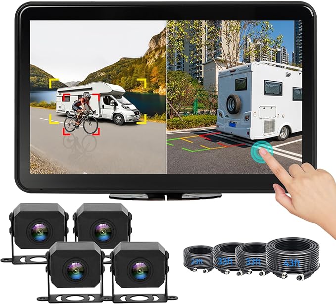 AI 4 Channel Dash Cam 1080P RV Backup Camera System with 10.1 Inch Touch Monitor,Person Detection MDVR Recording with 4pcs IP69K Waterproof Cameras for Truck/Trailer/Camper Van/SUV/Fleet-PurrikoPets
