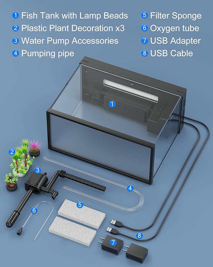 Fish Tank Aquarium Kit, 2.38 Gallon Beta Fish Aquariums, UHD Glass,Temperature Sensing, 7-Color Lighting Small Fish Tank for Kids/Desktop Decor-PurrikoPets