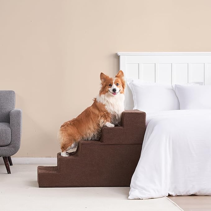 EHEYCIGA Dog Stairs for High Bed 25" H, 5-Step Extra Wide Dog Steps for Bed, Pet Steps for Small Dogs and Cats, Non-Slip Balanced Pet Ramp Indoor, Brown-PurrikoPets