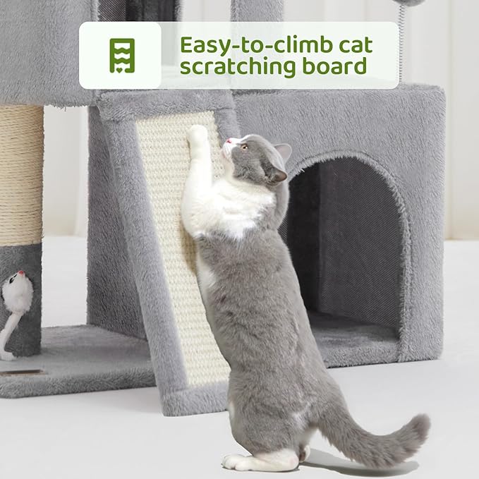 24inch Tall cat Tree with 2 cat condo and Mouse Toy Cozy Small cat Tower with Scratching Post and Board for Kitties and Small Cats.（Light Grey）-PurrikoPets