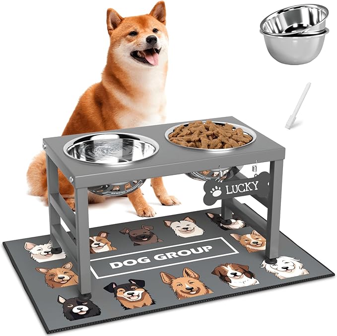 Elevated Dog Bowls, 10" Tall Height, Raised Bowl Stand with 2 Stainless Steel Food Feeder Bowls (58oz) and Spill-Proof Mat for Medium Large and Small Breeds, Grey-PurrikoPets