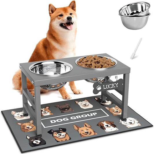 Elevated Dog Bowls, 10" Tall Height, Raised Bowl Stand with 2 Stainless Steel Food Feeder Bowls (58oz) and Spill-Proof Mat for Medium Large and Small Breeds, Grey-PurrikoPets