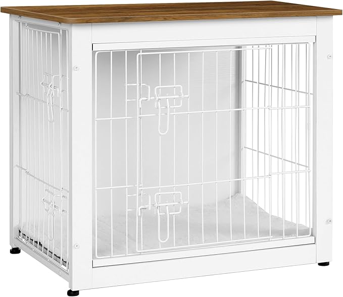 DWANTON Dog Crate Furniture with Cushion, Wooden Kennel Table with Double Doors, Indoor Dog House, Small/Medium/Large Size, 27.2" L, White+Warm Brown-PurrikoPets