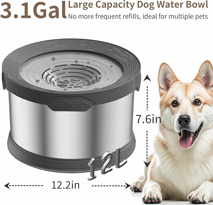 12L Dog Water Bowl No Spill 3.1 Gallon Super Large Capacity Stainless Steel No Splash Dog Bowls Slow Drinking Feeder with Non-Slip Base Pet Water Dispenser for Dogs-PurrikoPets