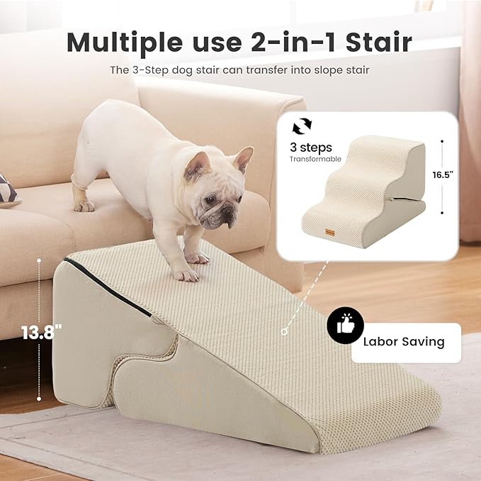 Gardner Pet Dog Stairs for Small Dogs 16.5" H, 2 in 1 Transformable 3-Step Pet Stairs and Dog Ramp for Couch (13-20 in), Beige Adjustable Pet Steps with Non-Slip Waterproof Cover and CertiPUR-US Foam-PurrikoPets