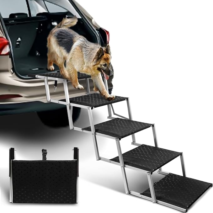Extra Wide Dog Stairs for Large Dogs,Portable Folding Pet Stairs for Cars,SUV,Trucks,Dog Steps with Non-Slip Surface,Supports Up to 250 lb,5 Steps-PurrikoPets