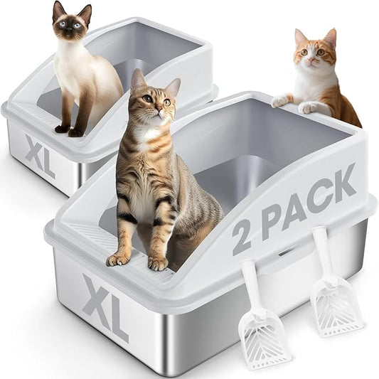 2 Pack Stainless Steel Litter Box | XL Enclosed Cat Litter Boxes with Lid for Big Cats and Multi-Cats | High Sided, Anti-Urine Leakage | Non-Stick Bottom（Silver Gray）-PurrikoPets