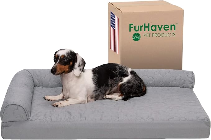 Furhaven Cooling Gel Dog Bed for Medium/Small Dogs w/ Removable Bolsters & Washable Cover, For Dogs Up to 35 lbs - Pinsonic Quilted Paw L Shaped Chaise - Titanium, Medium-PurrikoPets