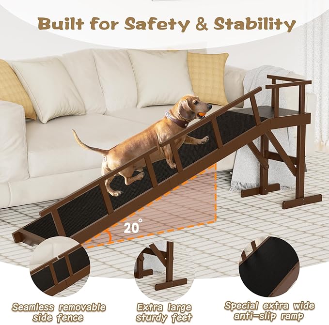 73" Dog Ramp for Bed, Pet Ramp with Removable Side Rail and Non-Slip Surface, Pet Ramp for Small & Large & Senior Dogs with Rest Platform and DIY Glow Strips,Dog Stairs for Couch, Brown-PurrikoPets