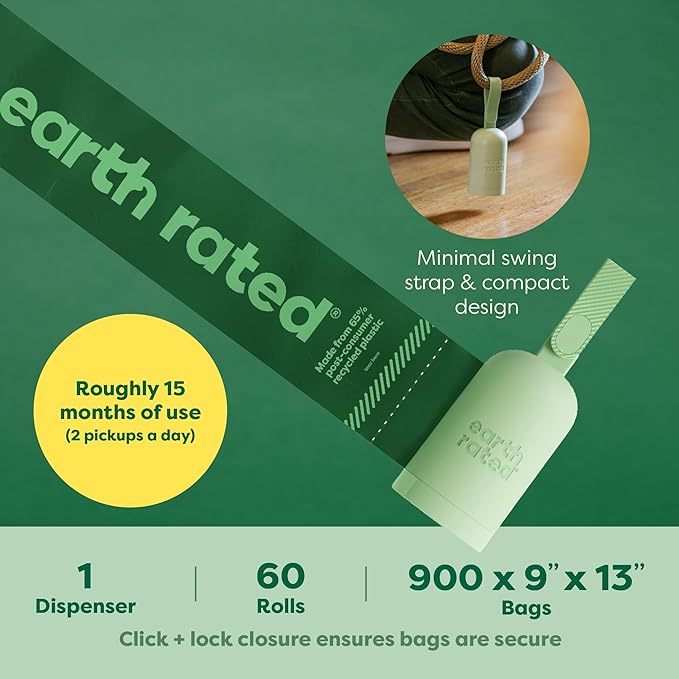 Earth Rated Dog Poop Bag Holder, Durable and Guaranteed Leakproof, Lavender Scented, 1 Dispenser and 900 Bags-PurrikoPets