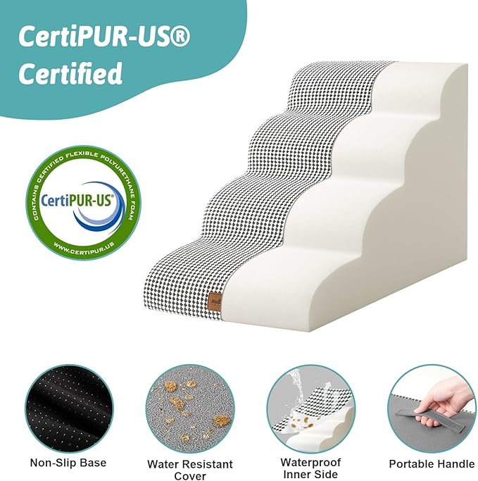 Dog Stairs for Small Dogs 19.7" H, Curved Dog Step for Puppy, Older or Cat, Medium Pet Ramp for Sofa, Couch or Bed, Ladder with High Density Foam, 15.7x28.3x19.7 inch, 4 Step, White Black-PurrikoPets