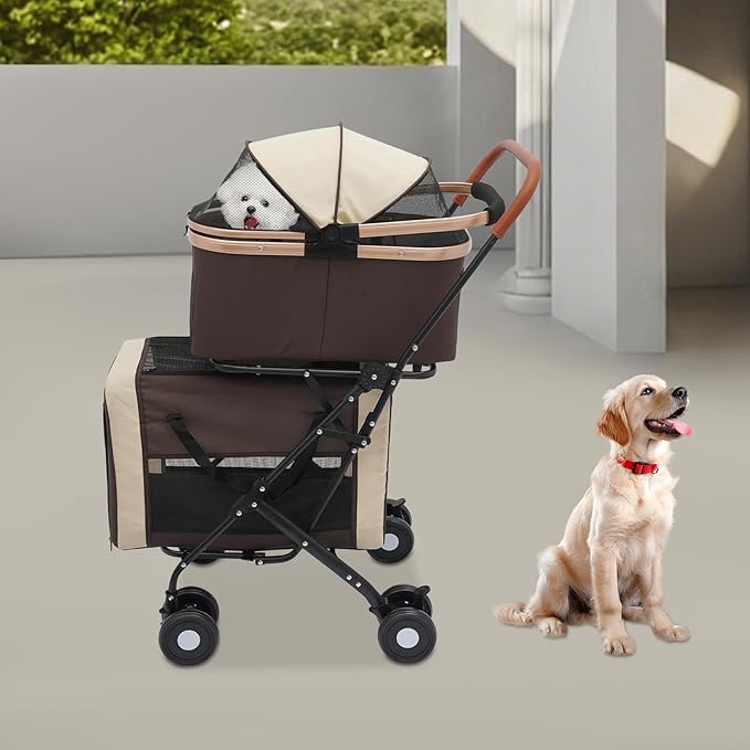 Foldable Pet Stroller for Small & Medium Dogs, Double Dog & Cat Stroller with 3-in-1 Travel System, Detachable Pet Carrier with Wheels for Cats and Dogs up to 77 lbs, Coffee Color-PurrikoPets