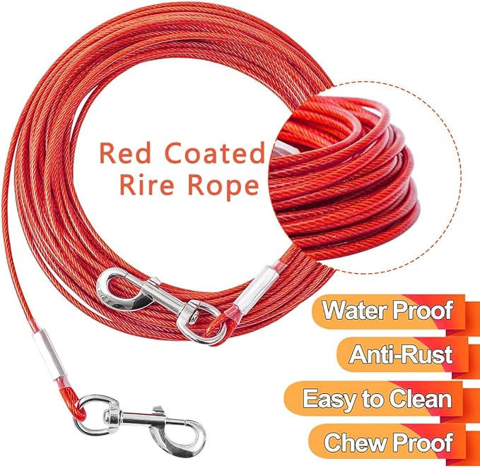 10FT Heavy Duty Dog Tie Out Cable for Large Dogs up to 125lbs, Durable Runner Tether Line (Red)-PurrikoPets
