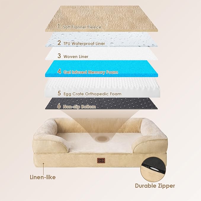 EHEYCIGA Orthopedic Dog Beds for Large Dogs, Waterproof Memory Foam Large Dog Bed with Sides, Non-Slip Bottom and Egg-Crate Foam Pet Couch Bed with Washable Removable Cover, Greige-PurrikoPets