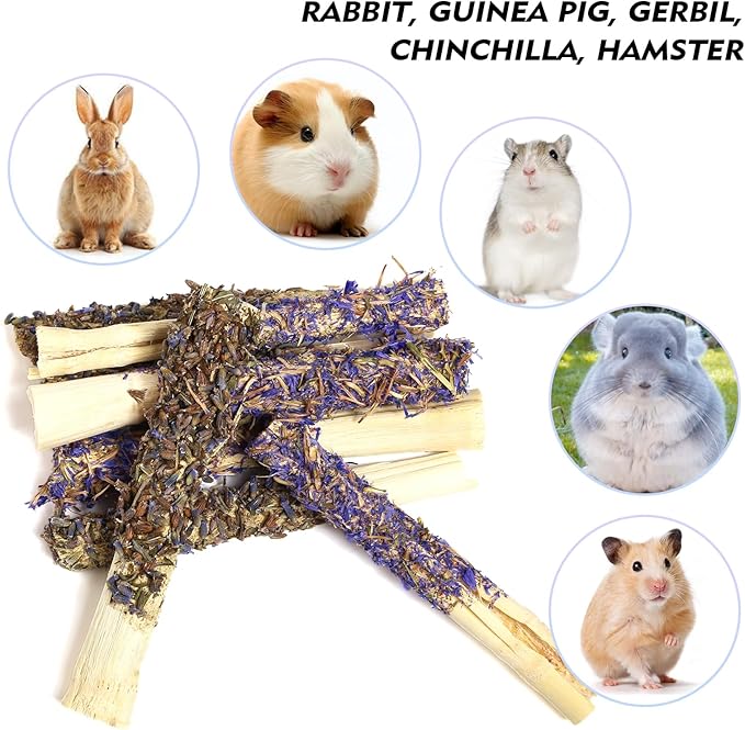 Abizoo Sweet Bamboo Rabbit Chew Sticks Treats and Toys 8Pcs Natural Hay with Forget-Me-Not Lavender for Bunny Guinea Pig Chinchilla Dental Care-PurrikoPets