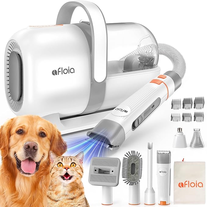 Afloia 6-in-1 Dog Grooming Kit, Pet Grooming Vacuum for Shedding, Dog Hair Vacuum with Clipper Nail Trimmer Grinder, Pet Brush Groomer at Home, Low Noise Cats Hair Remover, 1.5L Dust Cup, White-PurrikoPets