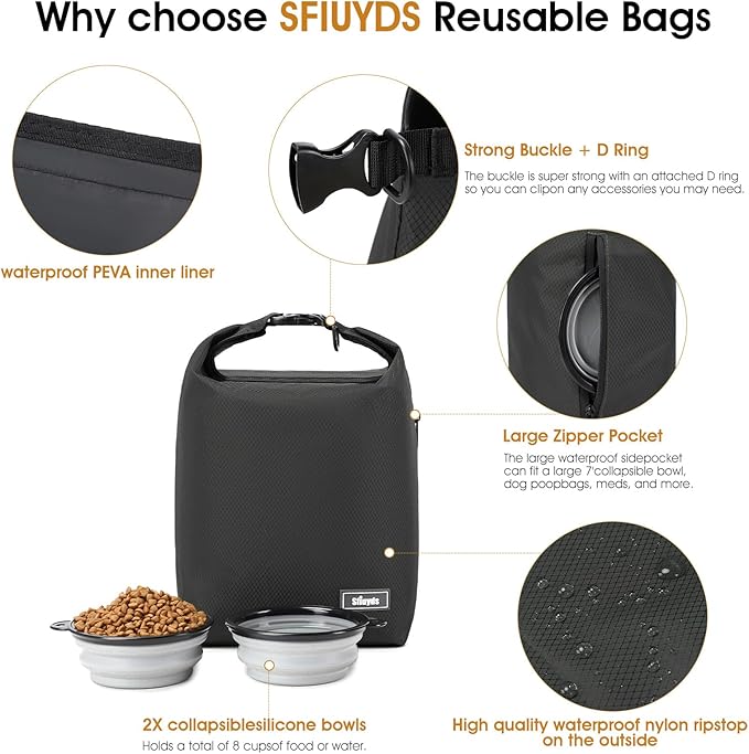 Dog Food Travel Bag,40-Cup Pet Food Storage Containers with 2PCS Collapsible Dog Travel Bowls,Waterproof Kibble Storage Container(Black, Large)-PurrikoPets