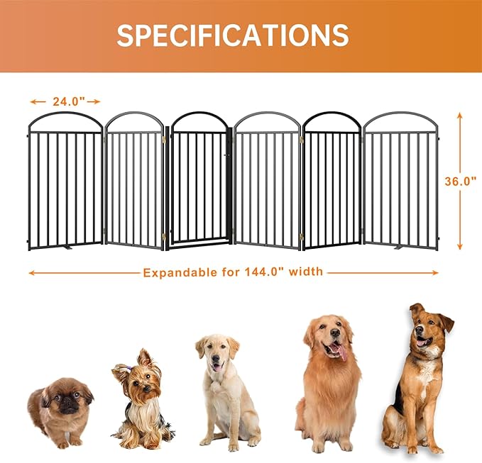 6 Panles Full Matel Freestanding Dog Gates with Door, 144"Extra Wide 36"Tall Free Standing Dog Pet Gate for Indoor & Outdoor. Foldable Pet Fences for Doorways, House, Stairs, Porch, Deck, Yard-PurrikoPets