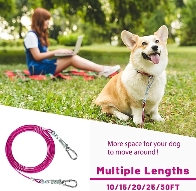Dog Tie Out Cable 10/15/20/25/30FT Dog Run Cable Rosy Pink/Blue/Purple/Silver/Red/Green/YellowTie Out Cable for Large Dogs Heavy Duty for Outside Hold Large Dogs Up to 250LBS-PurrikoPets