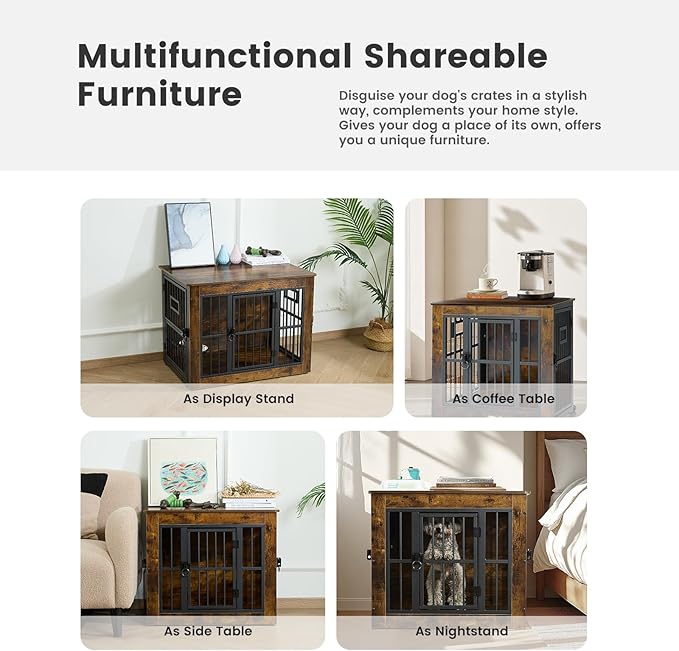 Gardner Pet Dog Crate Furniture for Medium Dogs, 32.7 Inch Dog Kennel Indoor, Wooden Dog Cage End Table with 2 Removable Bowls, Heavy Duty Dog Crate, Rustic Brown-PurrikoPets