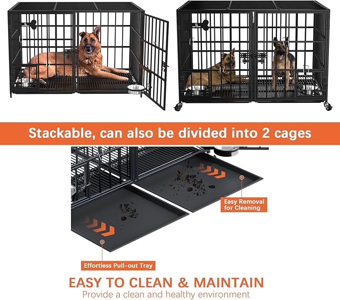 aboxoo 42 inch Stackable Heavy Duty Metal Dog Crate for 4 Dogs/Large Dog,All Metal Open Top Access,Escape Proof Cage,Dog Kennel Indoor with Wheels,Floor Grid, Tray, Divider and Feeding Bowl-PurrikoPets