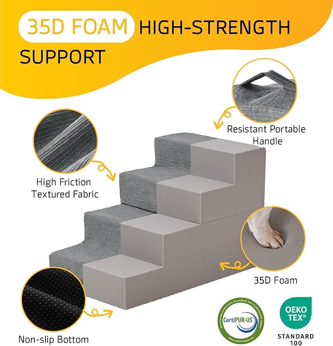 Dog Stairs for Bed, Dog Steps for Bed Couch Sofa, 35D Foam Pet Steps for Small Dogs and Cats, Extra Wide Pet Stairs with Non-Slip Bottom Grey, 3 Steps-PurrikoPets