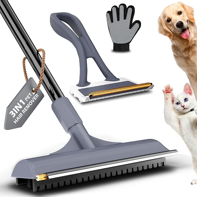 3 in 1 Carpet rake Kit for Pet Hair Removal Tool - Reusable Pet Hair Remover Broom w 58" Adjustable Long Handle, Dog & Cat Carpet Scraper, Pet Hair Remover for Rugs, Mats, Couch, Curtains(Gray)-PurrikoPets