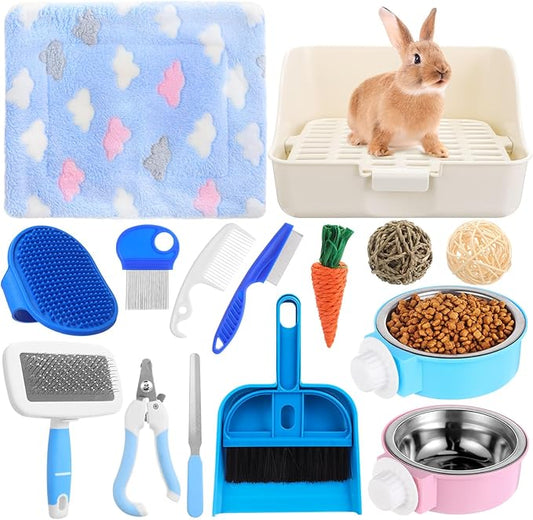 15 Pcs Rabbit Starter Kit Small Rabbit Litter Box Animal Grooming Kit Bunny Toys Bowl Blankets with Cleaning Set for Guinea Pig Accessories(Multicolor)-PurrikoPets