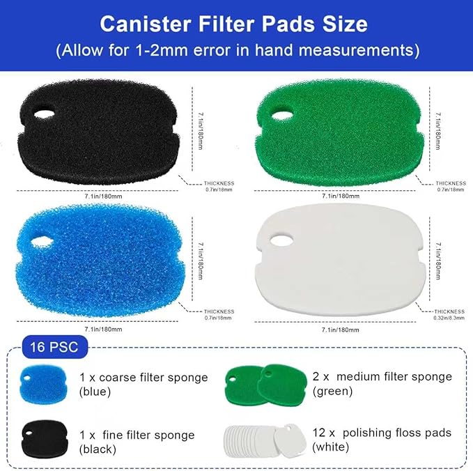 16 PCS Replacement Canister Filter Pads Compatible with SUNSUN HW-302/505A Polar Aurora 265 GPH CF-300, Aquarium Filter Sponge Pad Fish Tank Bio Floss Media-PurrikoPets