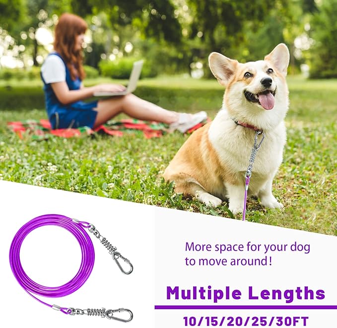 Dog Tie Out Cable - 10/15/20/25/30FT Heavy Duty for Large Dogs Up to 250LBS - Rosy Pink/Blue/Purple/Silver/Red/Green/Yellow-PurrikoPets