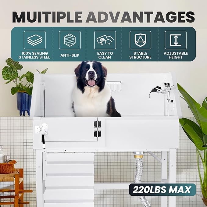 Dog Washing Station for Home, 38" White Professional Stainless Steel Dog Grooming Tub, Height Adjustable Dog Bathing Station, Upgrade Parts, Dog Bath Tubs for Small & Medium Dogs(Left Ramp)-PurrikoPets