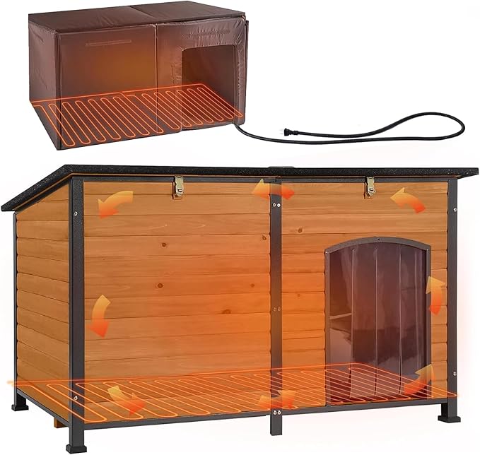 Aivituvin Extra Large Dog House Outdoor Heated Dog Kennel with Insulation Liner for Winter Strong Iron Frame Insulated Dog Cage with Heater,59"-PurrikoPets