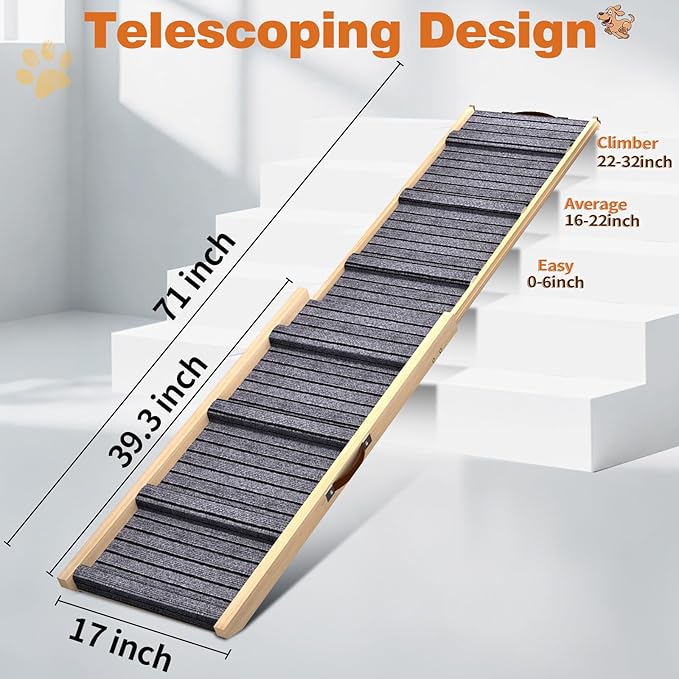 Dog Ramp for Car, 71''x 17'' Extra Long Deluxe Telescoping Design Wooden Pet Ramp, Pet Stair Ramps for Truck SUV with Non-Slip Surface, Portable Outdoor Dog Steps for Medium Large Dogs, Up to 250LBS-PurrikoPets