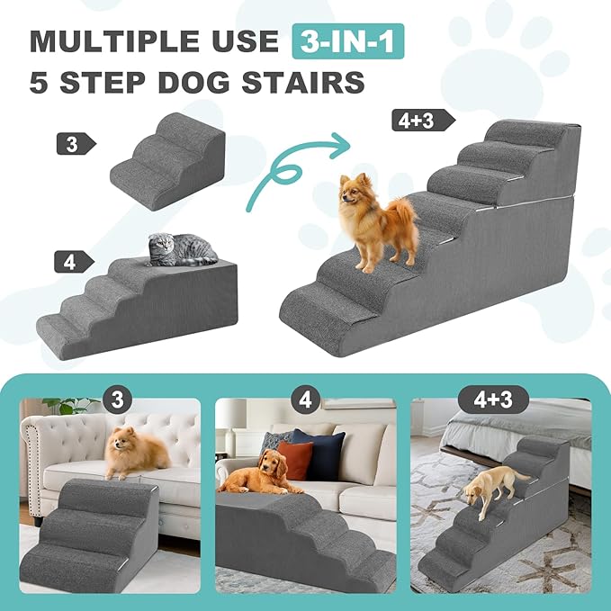 6-Step Dog Stairs for High Bed - 25.5" Adjustable Dog Ramps for Couch, Non-Slip Sturdy Pet Steps for Small Dogs, Washable Cover, Removable Modular Design, Dual 11” & 14.5” Steps for Custom Height-PurrikoPets
