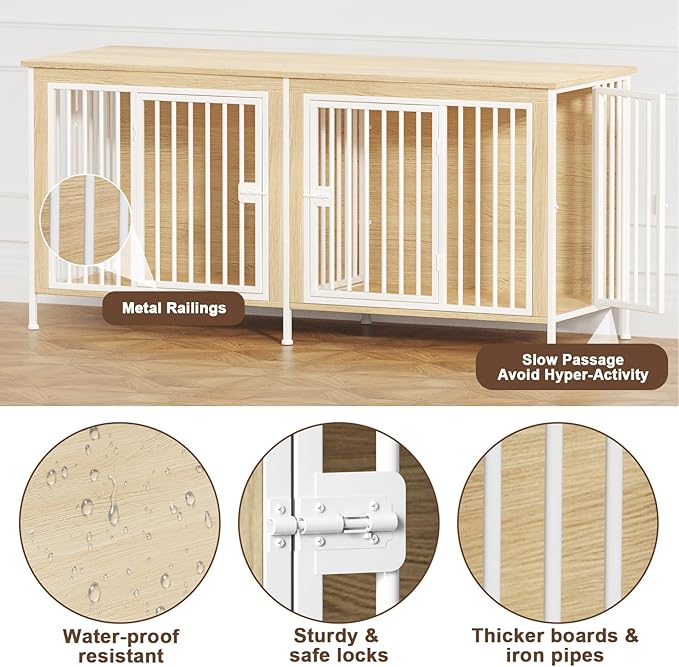 EasyCom 63" Dog Cage Furniture for 2 Pets with Divider, XL Wooden Double Dog Crate Furniture TV Stand for Mideum Breed, Durable and Sturdy-PurrikoPets