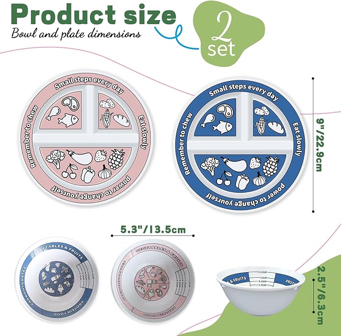 4 Pcs Portion Control Plates & Bowls Set (2 Plates + 2 Bowls, 9 Inch) - Self-Measuring for Weight Loss, Gastric Bypass, LapBand, Diabetes & Healthy Diets, Pink & Blue, for Adults & Children-PurrikoPets
