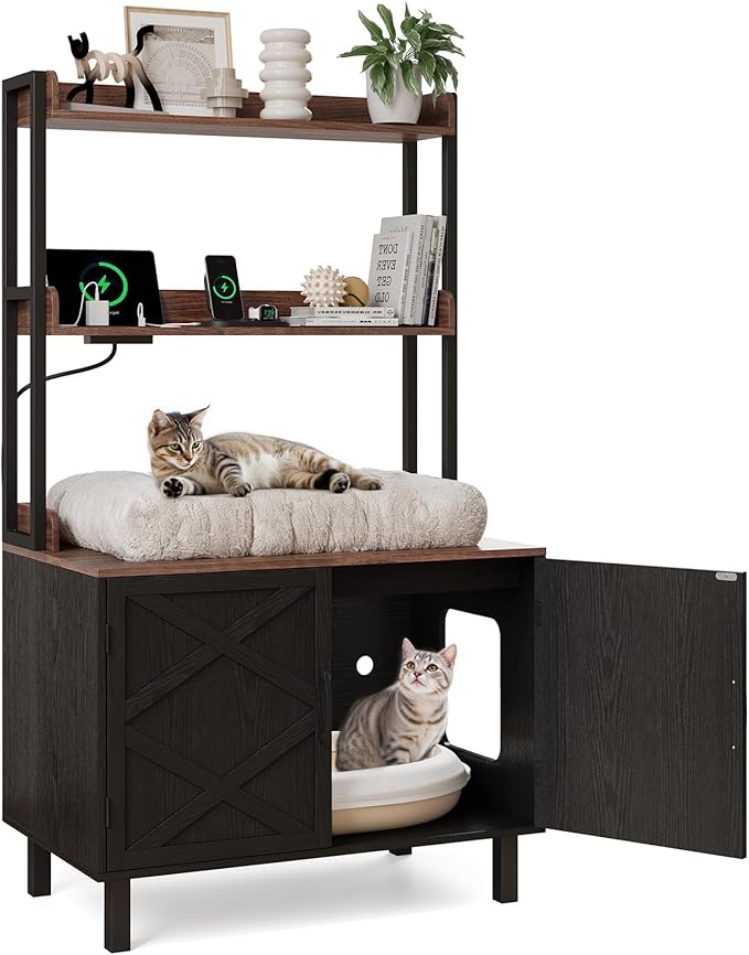 55 Inches Cat Litter Box Enclosure, Hidden Litter Box Furniture with 2 Storage Shelves and Charging Sockets, Wooden Cat House, Large Indoor Cabinet for Living Room & Entryway, Black-PurrikoPets
