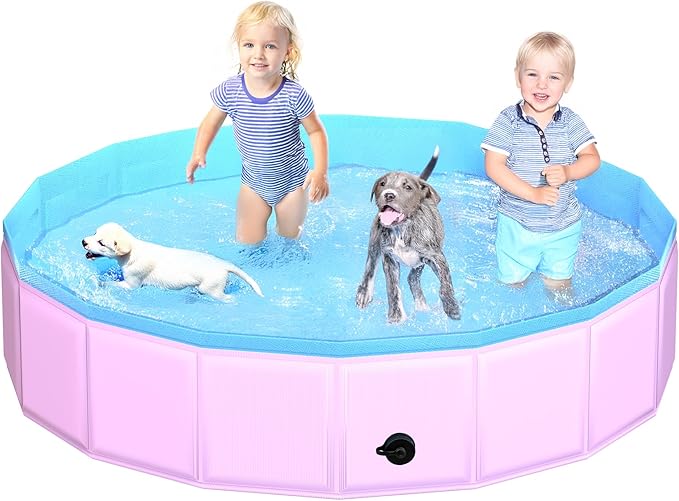 2025 Updated Foldable Dog Pool, 79" x 12" Kiddie Pool with Hard Plastic, Non-Slip Dog Bath Tub for Outdoor Backyard, Collapsible Dog Swimming Pool for Kids Dogs Pets (Pink)-PurrikoPets