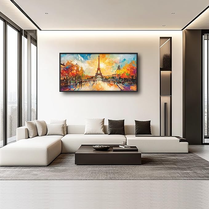 Framed Large Eiffel Tower Wall Art for Living Room, Oversized Paris City Street Landscape Wall Decor, Colorful Sunrise Canvas Painting Modern Artwork for Living Room Bedroom Office 60"x30"-PurrikoPets
