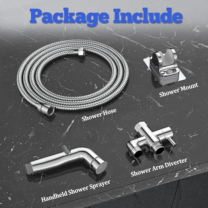 Dog Shower Attachment Metal, YDmeet Pet Washing Hose Attachment for Fast & Clean Bathing, Brass 3 Way Diverter, Adjustable Sprayer wtih Turn Off, 8 ft Hose and Holder, Chrome-PurrikoPets