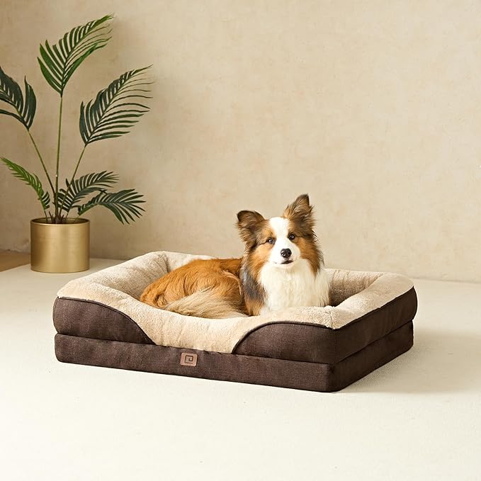EHEYCIGA Memory Foam Dog Bed for Large Sized, Orthopedic Dog Sofa with Sides and Waterproof Liner, Washable Bolster Pet Bed Couch with Removable Cover, 36x27x7 Inch, Brown-PurrikoPets